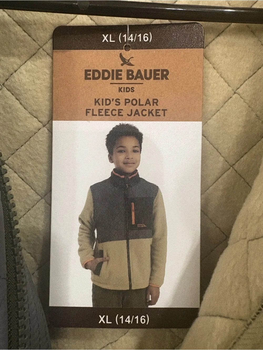 Eddie Bauer Boys Quilted Jacket in Tan & Olive with Orange Trim